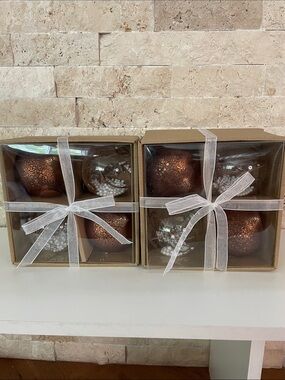 Set of Shimmering Bronze and Clear Glass Ornaments (8 altogether)